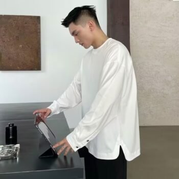 2024 men's pure cotton high-quality long-sleeved bottoming hem slit solid color T-shirt high-end casual simple versatile shirt