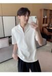 2024 design niche stand-up collar solid color t-shirt men's polo shirt summer loose short-sleeved top simple and high-end