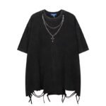 2024 European and American high street necklace design solid color T-shirt men's trendy brand hip-hop loose style ripped short sleeves