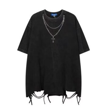 2024 European and American high street necklace design solid color T-shirt men's trendy brand hip-hop loose style ripped short sleeves