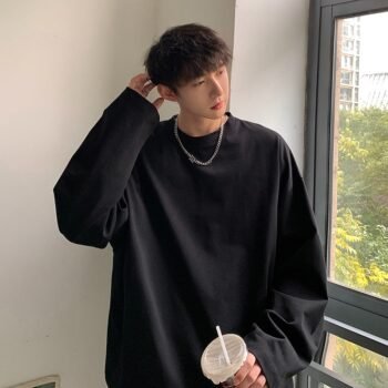 Solid color T-shirt men's summer thin fashion brand oversize long-sleeved sweatshirt spring and autumn heavyweight inner bottoming shirt