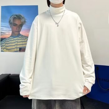 High collar solid color T-shirt men and women long sleeve ins trend spring and autumn all-match bottoming shirt Korean version loose casual tops