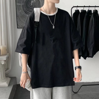 Hong Kong style printed solid color T-shirt men's short-sleeved summer thin design niche top ins trendy brand loose five-point sleeves